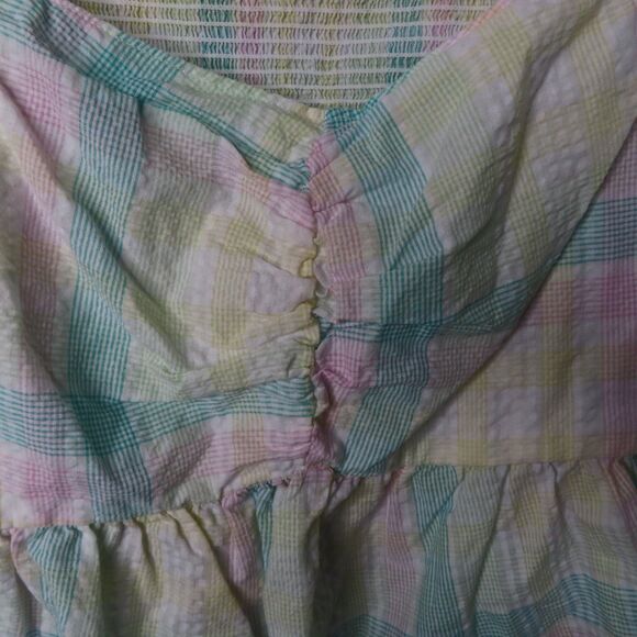 Old Navy Top 2X Multicolor Square Neck Checked Seer Sucker Puffy Short Sleeves - Picture 3 of 11